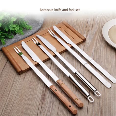 Pc Set Stainless Steel Barbecue Fork And Knife Cutlery Wooden Handle