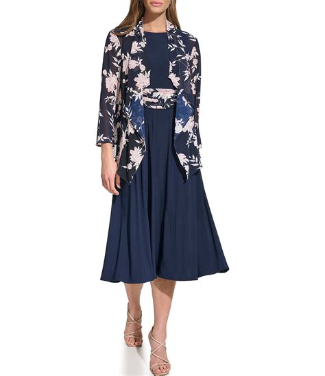 Jessica Howard 3 4 Sleeve Crew Neck Floral Ruched Waist A Line Midi 2