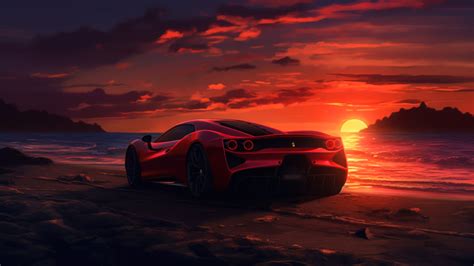 Sports Car Sunset Beach Scenery 4K 7191l Wallpaper PC Desktop