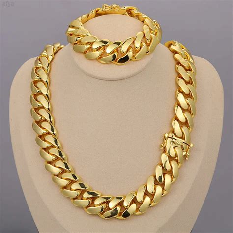 Wholesale Mens Hip Hop Miami Cuban Link Chain Solid Gold Necklace Real Gold Plated Heavy Solid