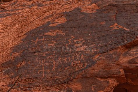 Ancient Hieroglyphs On Red Rock Valley Of Fire Nevada Usa Stock