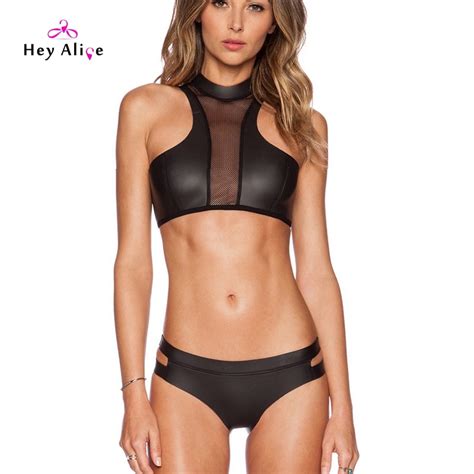 New 2016 Neoprene Bikinis Women Black High Neck Sexy Swimwear Bikini