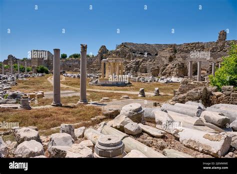 Theatre And Tyche Temple In Ruins Of The Roman City Of Side Antalya