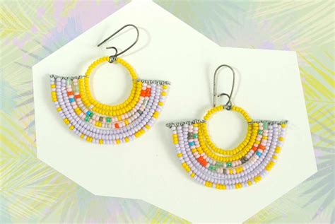 Colorful Geometric Beaded Fan Earrings With Yellow And Etsy