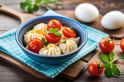 Premium AI Image A Bowl Of Dumplings With An Egg On A Wooden Table