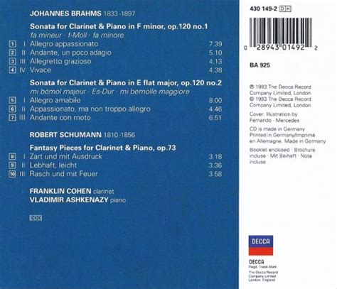 Franklin Cohen Vladimir Ashkenazy Brahms Clarinet Sonatas Nos