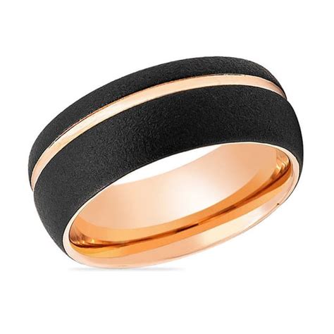 Mens Domed Rose Gold Inlaid Tungsten Wedding Band Sandblasted Finish 8mm Theartisanrings