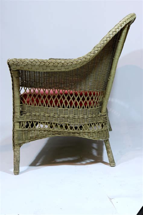 Antique Bar Harbor Wicker Settee Loveseat With Tufted Seat Cushion For