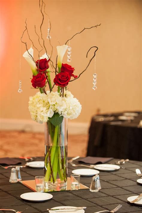 Red Rose Centerpieces With Hanging Crystal Accents