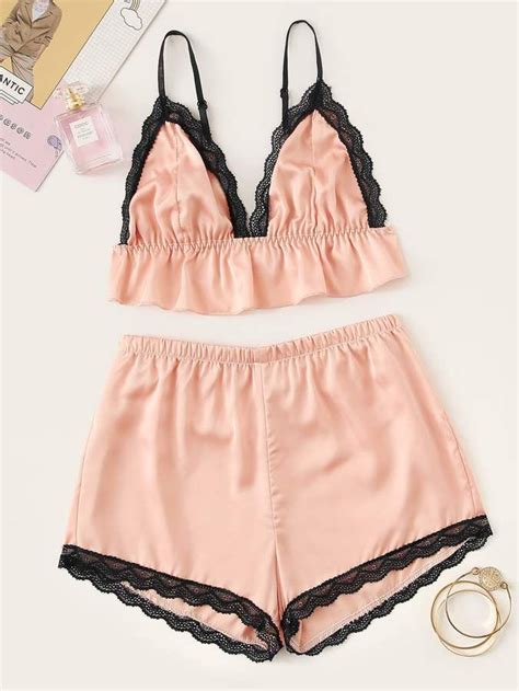 Shein Lace Trim Satin Cami Pajama Set Cami Pajama Sets Pajama Set