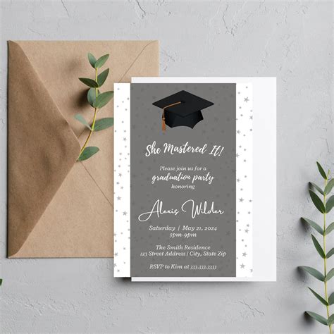 She Mastered It Graduation Party Invitation Masters Degree Elegant