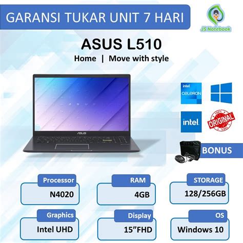 Jual Asus Vivobook L510 Celeron N4020 4gb 128gb256gb 156fhd Windows 10 Free Office 365