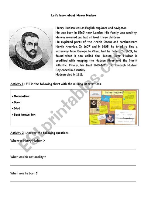 Henry Hudson Facts And Worksheets Life Exploration Legacy