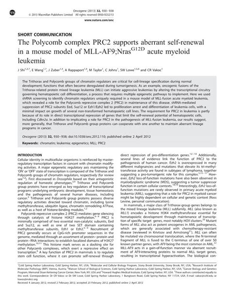 The Polycomb Complex Prc Supports Aberrant Self Renewal In A Mouse