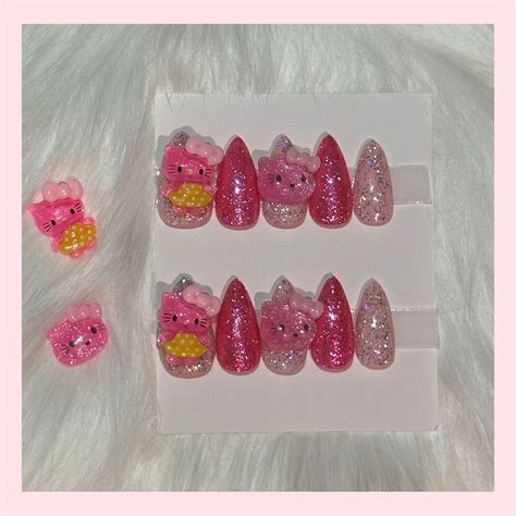 Hello Kitty Press On Nails Pink Glitter Press On Nails Smallmedium Press On Nails Stiletto