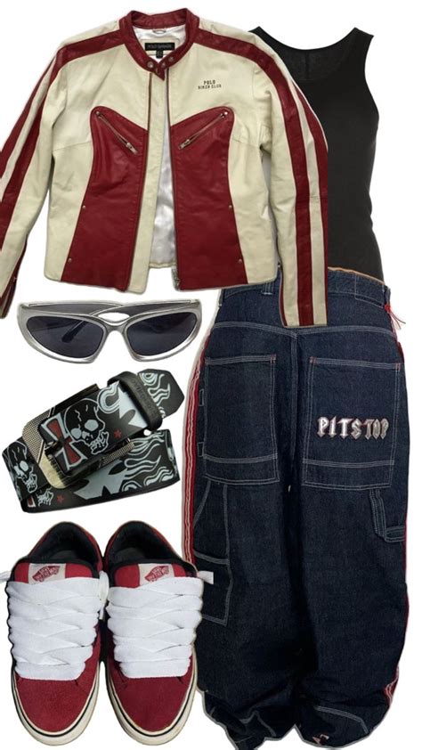 Red Biker Jacket Baggy Pants Fit Inspo Retro Outfits Stylish Outfits