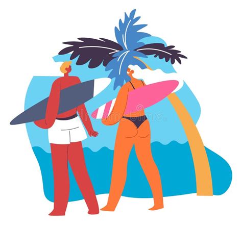 People On Summer Vacation Surfing At Beach Vector Stock Vector