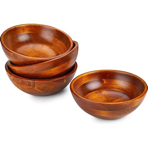 Wooden Salad Bowls - Set of 4, Multipurpose Individual 7” x 2.5” Food ...