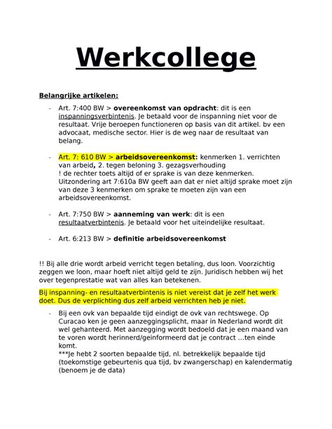 Aantekeningen Samenvatting Arbeidsrecht Werkcollege Belangrijke