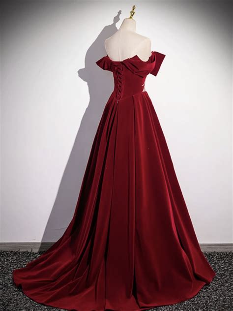 Burgundy Velvet Long Prom Dress Off The Shoulder Evening Party Dress