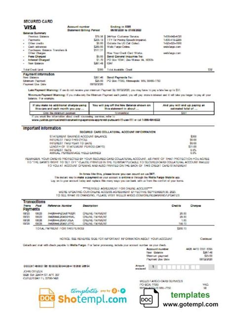 Usa Wells Fargo Bank Credit Card Statement Template In Word And Pdf Format Credit Card