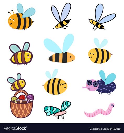 Cute Bees Set Clipart Bundle With Funny Colorful Vector Image