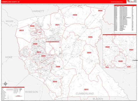 Cumberland County Nc Zip Code Wall Map Red Line Style By Marketmaps Mapsales