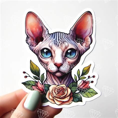 Watercolor Cute Sphynx Cat Sticker See Collection Naked Cat Art Hairless Kitten Choose Size