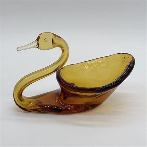 Vintage Amber Art Blown Glass Elegant Swan Candy Nut Dish