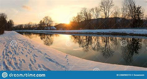 Romantic Sunset at Isar River Channel, Winter Scenery at Schaftlarn, Bavaria Stock Image - Image ...