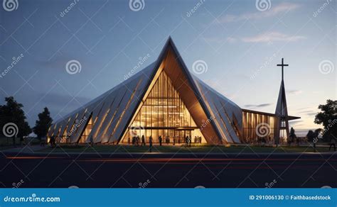 Christian Architecture. Front View of a Modern Church in the Evening ...