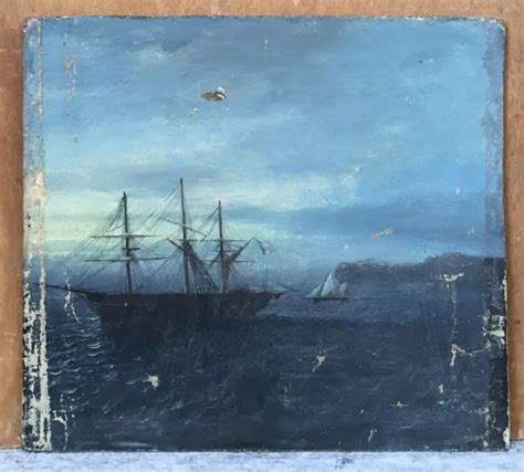 TABLEAU ANCIEN HUILE Paysage Mer Marine Bateaux Voiliers XIXe A