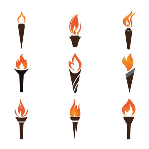 Fire Torch With Flame Flat Icons Set Collection Of Symbol Flaming