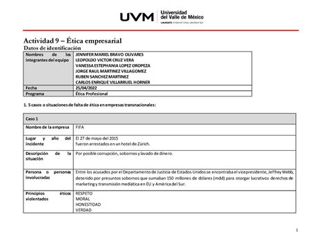 A Etica Empresarial Uvm Actividad Tica Empresarial Datos De