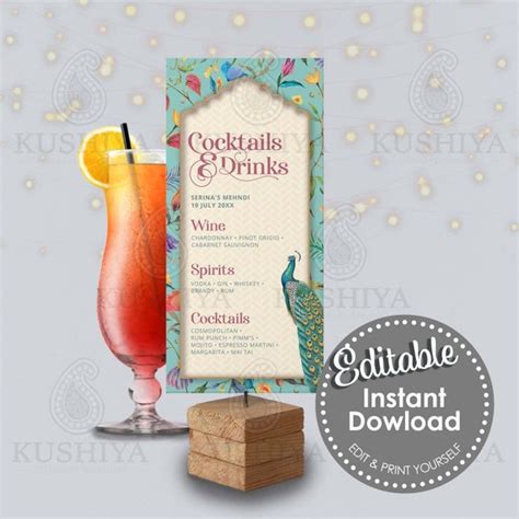 Peacock Theme Cocktail Drinks Menu Card Mehndi Night Etsy Uk