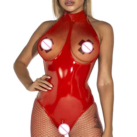 Red Crotchless Bodysuits Women Sexy Lingerie Erotic Costumes Mesh Latex