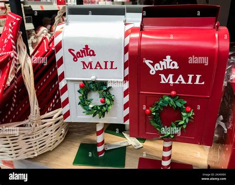 Santa Mail Red And White Mailboxes With Green Wreaths For Letters To