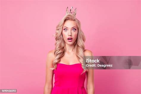 Portrait Of Impressed Speechless Person Crown Head Open Mouth Stare Isolated On Pink Color