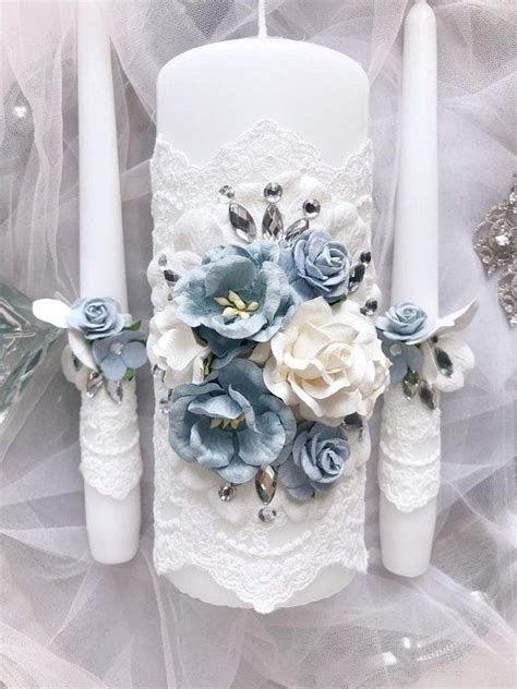 Dusty Blue Wedding Decor Lace Unity Candle Dusty Blue Wedding Centerpiece Crystal Unity Candle