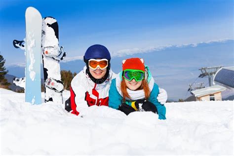 Portrait Of Man And Woman In Ski Masks Stock Image Image Of Lying