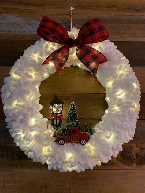 Farmhouse Country Winter Red Truck Buffalo Plaid Lighted Wreath Etsy