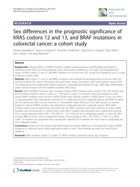 Pdf Sex Differences In The Prognostic Significance Of Kras Codons 12