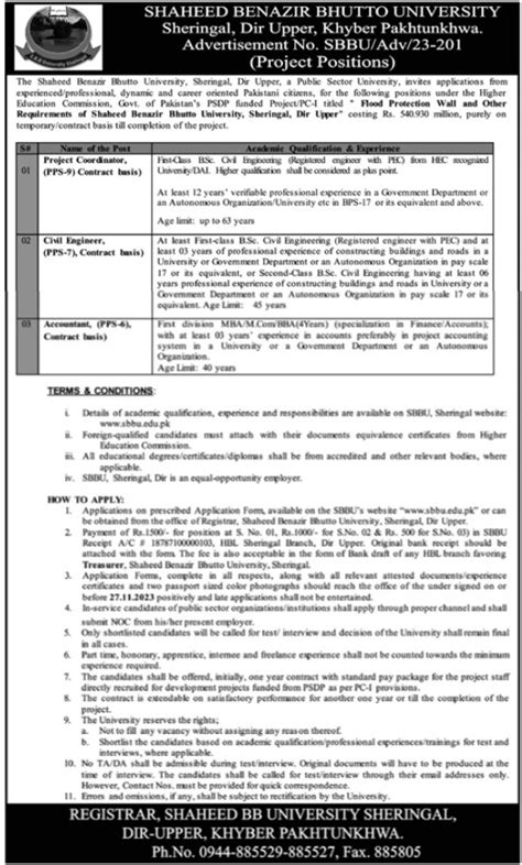 Shaheed Benazir Bhutto University Dir Jobs 2023 2024 Job Advertisement