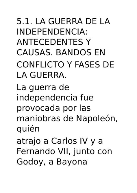 Documento Historia Para 5 La Guerra De La Independencia Antecedentes Y Causas Bandos En