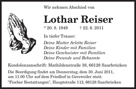 Traueranzeigen Von Lothar Reiser Saarbruecker Zeitung Trauer De