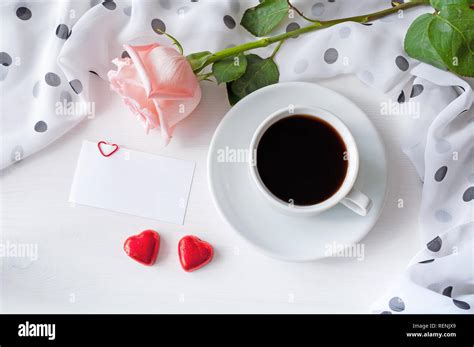 Love Background Cup Of Coffee Rose Blank Love Card And Two Heart