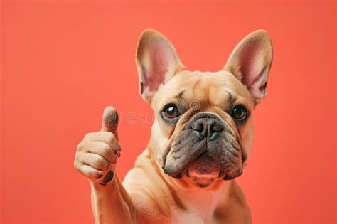 A Bulldog Dog Is Holding Up A Thumbs Up Sign Against A Red Background