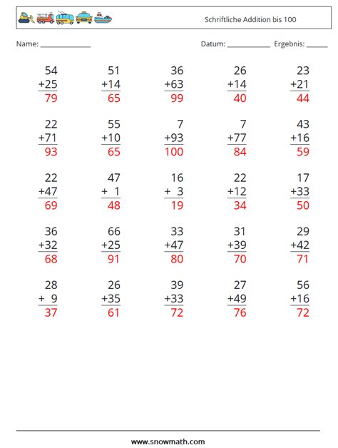 25 schriftliche addition bis 100 Mathe Arbeitsblätter 1Mathe