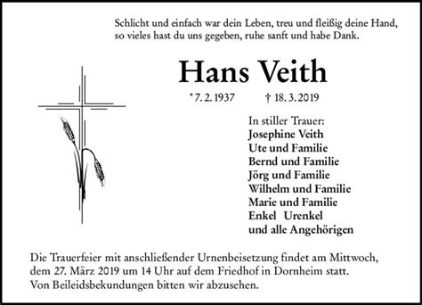 Traueranzeigen Von Hans Veith Vrm Trauer De