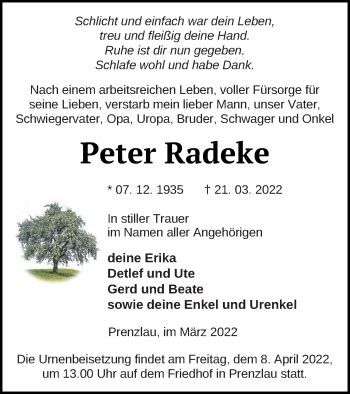 Traueranzeigen Von Peter Radeke Trauer Nordkurier